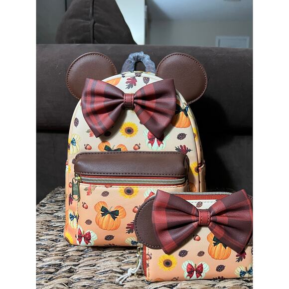 Loungefly Disney Minnie Mouse Fall Pumpkin Mini Backpack Wallet Set - Picture 1 of 9